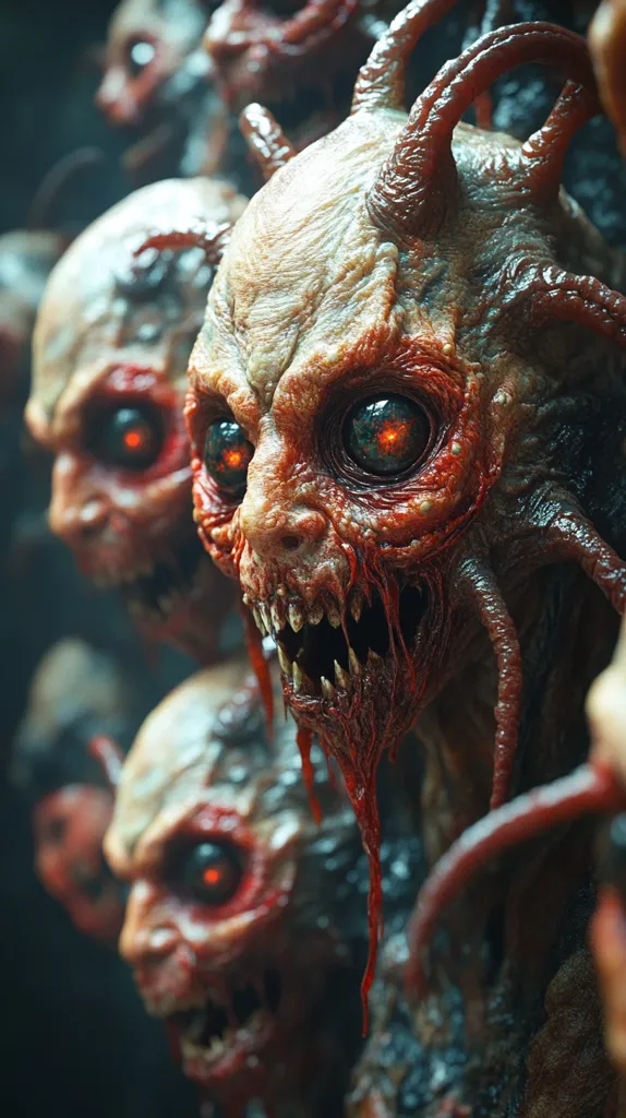 The image features a close-up of a grotesque, monstrous creature with a gaping maw filled with sharp teeth. Its skin is a sickly red and its large, bulging eyes glow with an ominous red light. The creature's body is covered in fleshy appendages and tendrils, giving it a disturbing and unsettling appearance. It appears to be part of a larger group of similar creatures, suggesting a horrifying hive-like presence. The overall tone of the image is dark, unsettling, and deeply disturbing, evoking a sense of fear and unease.