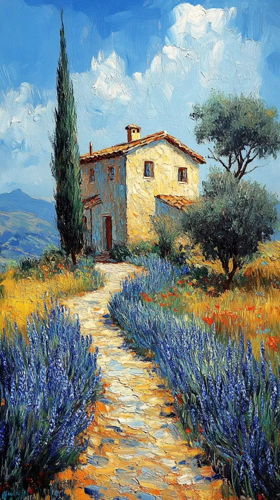 A stone pathway winds through a field of purple flowers towards a quaint, yellow house with a terracotta roof.  A tall cypress tree stands to the left of the house, and another tree with round leaves sits to the right.  The sky is bright blue with puffy white clouds.  The painting uses thick brushstrokes to create a textured, impressionistic effect.
