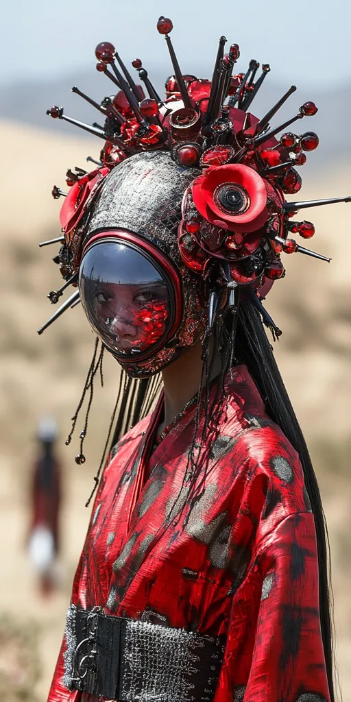 A person is wearing a red and black outfit with a large, intricate headdress. The headdress is made of black metal spikes and red flowers, with a large, round, clear visor covering the face. They are wearing a red kimono with a black belt and black accessories. The background is a blurred desert landscape. The image has a futuristic, cyberpunk aesthetic.