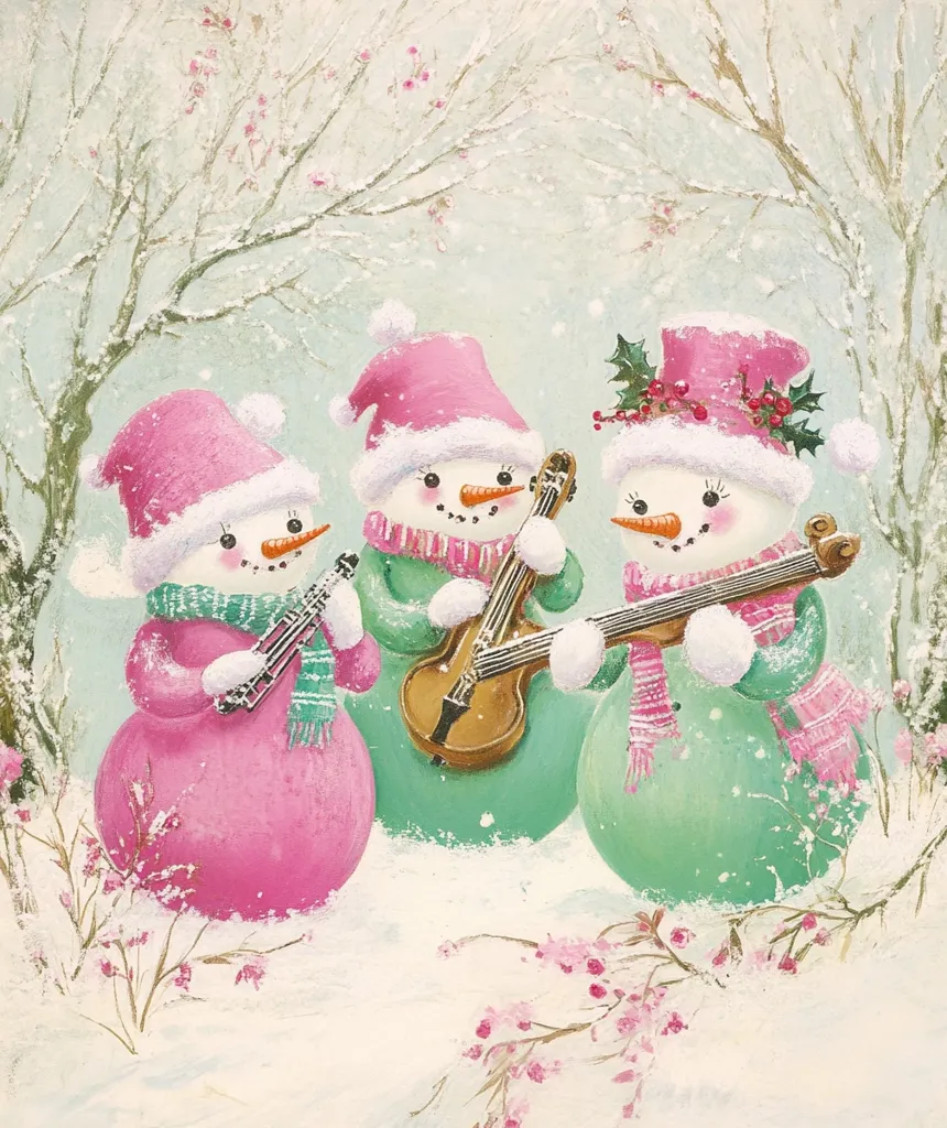 Three snowmen stand in a snowy landscape, each wearing a pink hat and scarf. The snowman on the left plays a violin, the middle snowman plays a violin, and the snowman on the right plays a guitar. They are all smiling and seem to be enjoying their performance. The background is a snowy forest with bare trees.  The snow is falling softly, creating a festive winter scene.  The snowmen are dressed in pastel pink, green, and white.  The scene is sweet and charming.