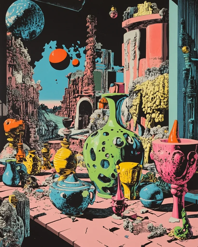 A surreal, psychedelic still life set against a backdrop of a fantastical landscape.  The image is dominated by bright colors and contrasting textures, featuring a variety of objects, including a large, green, hole-ridden vase, a pink goblet, a blue sugar bowl, and several other ceramic pieces. The background is a strange, otherworldly scene with swirling colors and abstract shapes, including two large red orbs and a blue planet in the sky.  The overall impression is one of dreamlike strangeness and playful absurdity.