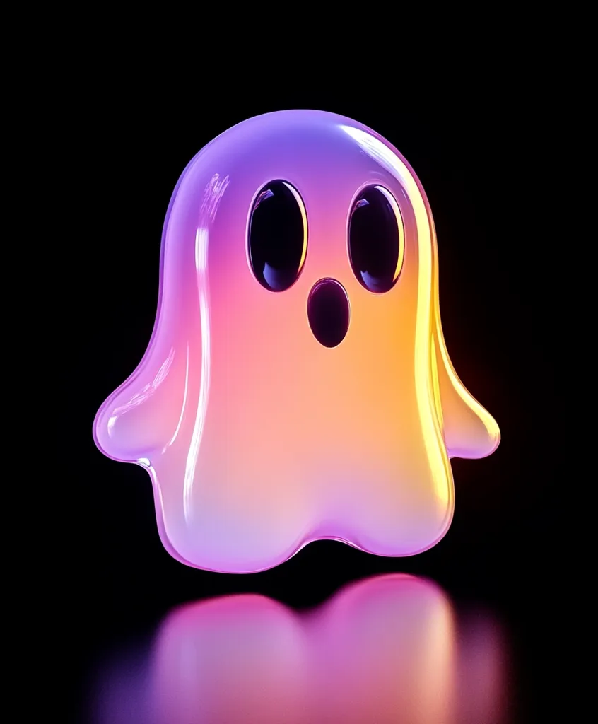 A 3D rendering of a ghost, with a gradient color scheme from purple to orange. The ghost has large black eyes and a small, surprised mouth. It is on a reflective black surface, which creates a reflection of the ghost.  The image is lit from the front, and there is a soft, glowy effect around the ghost.  It is a fun and playful image that could be used for a variety of purposes, such as Halloween decorations, social media posts, or branding.