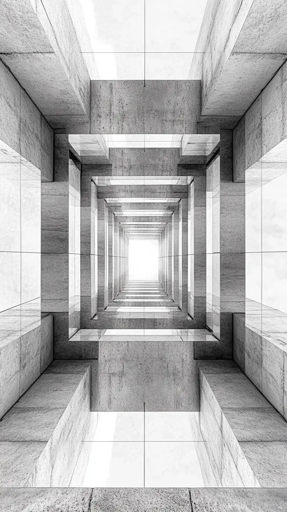 The image is a black and white photograph of a concrete structure. The structure is made up of many rectangular panels, creating a series of open spaces and a sense of depth. The photo is taken from a low angle, looking up at the structure.  The structure appears to be a series of stacked platforms, each one with a square hole in the center, creating a visual tunnel effect that leads to a bright light in the distance. The image has a strong sense of geometric form and minimalist design.