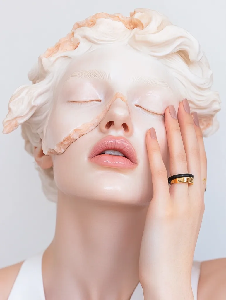 A woman with her eyes closed is seen with a white sculpted material forming her hair and partially covering her face. Her lips are slightly parted and her skin is smooth and flawless. A gold ring with a black band is worn on her left hand. The background is a soft white.  The overall mood is serene and elegant.