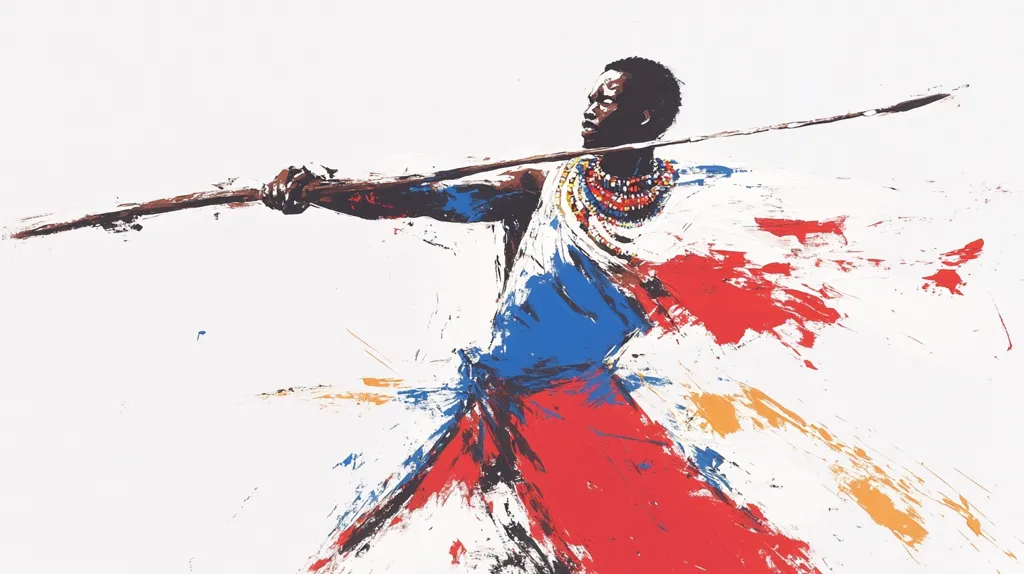The painting depicts a man in a red, blue, and white outfit holding a spear with a determined expression on his face.  The painting is done in an abstract style, with bold strokes of color creating a sense of movement and energy.  The background is white, which makes the man and his spear stand out. The overall effect is striking and powerful.