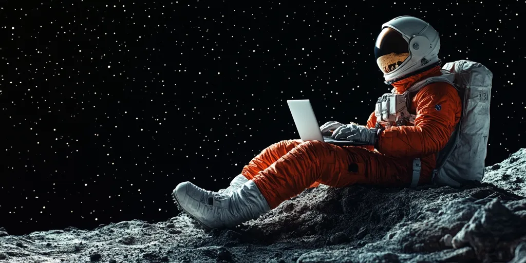 An astronaut, clad in an orange spacesuit, sits on a rocky lunar surface, typing on a laptop. The background is a vast, star-studded night sky, suggesting a solitary and futuristic setting. The astronaut's calm posture and focused gaze imply a sense of purpose and dedication.