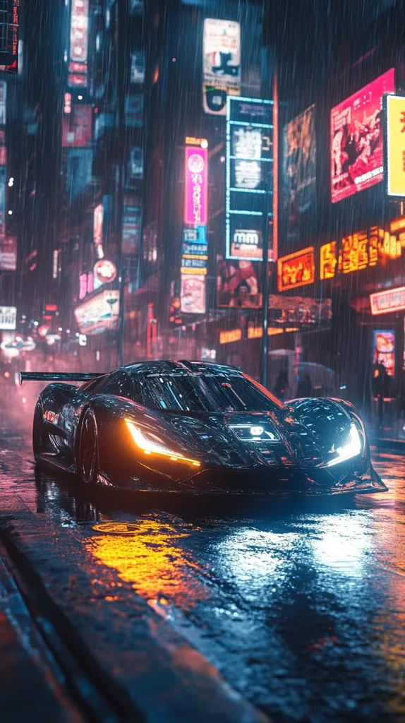 A sleek, black sports car drives down a wet city street in the rain. The city is illuminated by neon signs, and the car's headlights cut through the darkness. The scene is both futuristic and moody, with a sense of mystery and danger.  The reflections of the city lights on the wet pavement create a captivating visual.  It's an artistic image that evokes a sense of urban adventure.