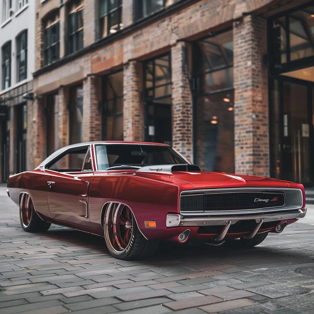 A classic red Dodge Charger is parked in front of a brick building with large windows. The car is highly polished and has a white stripe running along the top of the hood. The car has large chrome wheels and a blacked-out grille. The brick building is in the background and is out of focus. The scene is shot from a low angle, giving the car a powerful appearance.