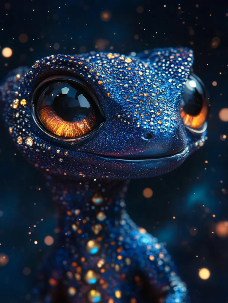The image features a close-up of a small, blue creature with large, bright orange eyes. The creature's body is covered in glittering, golden dots, giving it a starry appearance. The background is a dark blue, with small, blurry lights scattered throughout. The creature appears to be looking up and to the right. The image creates a whimsical and magical feel, with its fantastical creature and twinkling lights.