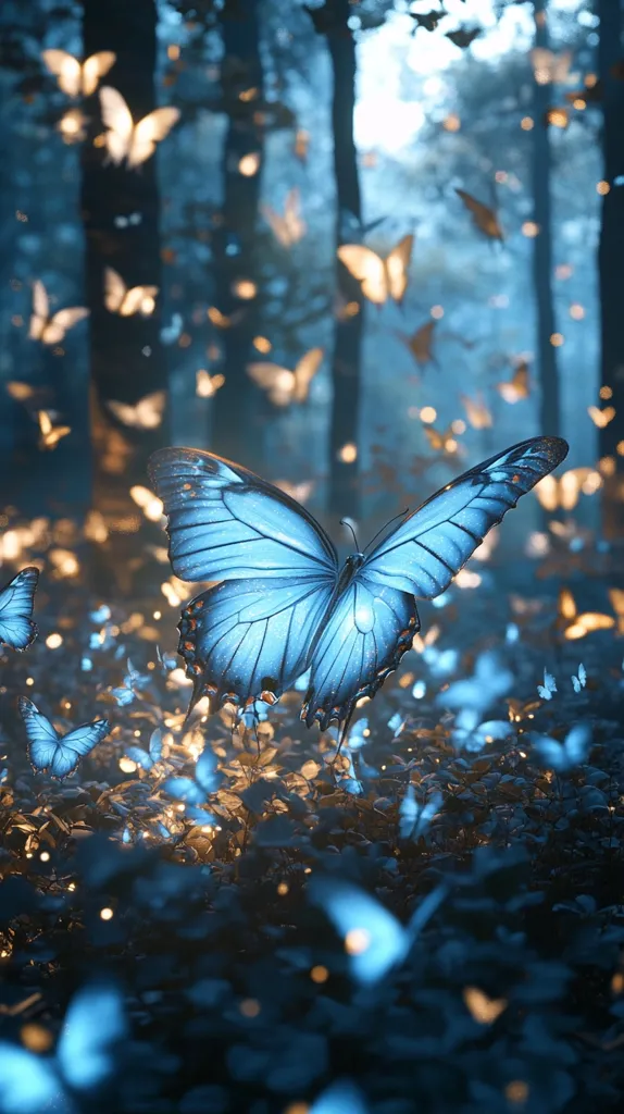 A large blue butterfly with intricate wing patterns sits in a lush forest, surrounded by numerous smaller, out-of-focus butterflies. The scene is bathed in a soft, ethereal light, creating a magical and dreamlike atmosphere. The forest's dark green foliage provides a stark contrast against the vibrant blue of the butterfly, emphasizing its beauty and presence.