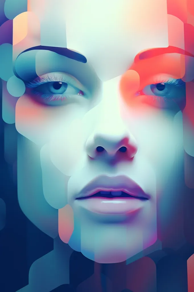 The image features a close-up of a woman's face.  The composition is abstract, with the face obscured by overlapping geometric shapes.  The shapes are colored in a vibrant, neon palette of blues, purples, and reds, creating a futuristic and ethereal effect.  The woman's eyes are heavily made-up, adding to the dramatic impact of the image.