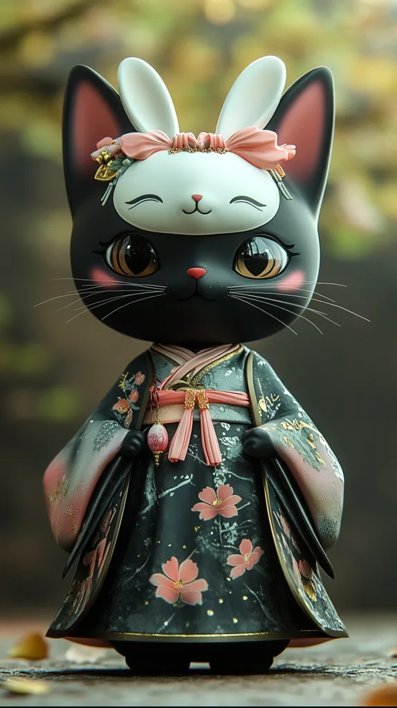 A black cat with a white bunny mask and pink bows is dressed in a black and gold kimono with pink floral details.  The cat has large, brown eyes, and a sweet expression on its face. The cat is standing on a wooden surface with a blurred green background.  The intricate details of the kimono and the cat's delicate features make for a beautiful and charming image.  The overall composition is well-balanced and visually pleasing.