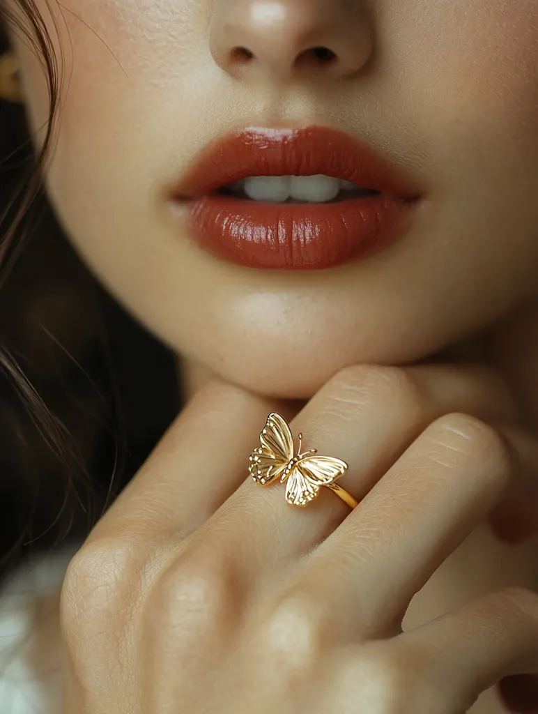 The image shows a close-up of a woman's face and hand. She has red lipstick on her lips and is wearing a gold butterfly ring on her finger. Her skin is smooth and flawless. The background is blurred, suggesting that the focus is on the woman's hand and face. The image has a soft, feminine feel.