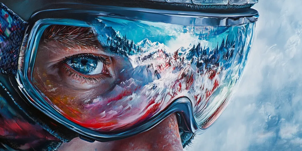 A close-up painting of a person wearing a ski mask. Their blue eye is visible through the mask, reflecting a snowy mountain landscape. The sky is a soft blue with clouds. The painting captures the feeling of adventure and the beauty of the mountains.  The brushstrokes are visible, adding a textured feel to the piece.