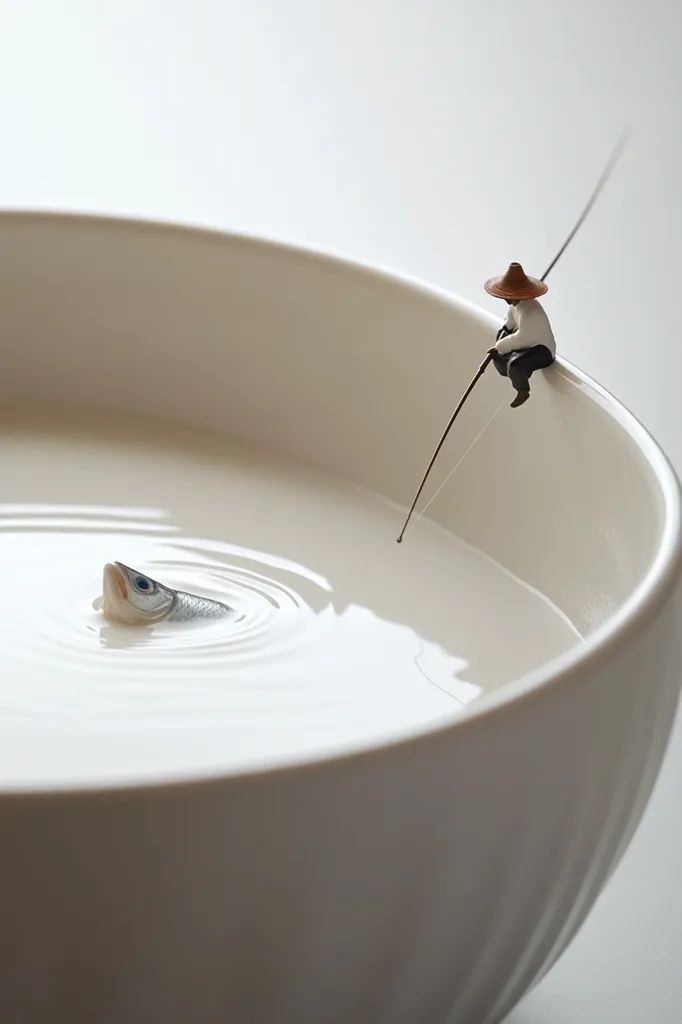 A miniature fisherman sits on the edge of a white bowl, holding a fishing rod with a line that extends into the bowl filled with white liquid. A small fish floats on the surface, seemingly caught by the fisherman's line. The image creates a surreal and humorous scene of miniature fishing.