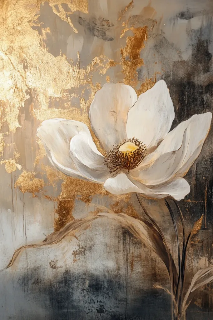 The painting depicts a large, white flower with a brown center, set against a background of gold and grey. The flower is painted in a realistic style, with delicate details on the petals. The background is more abstract, with swaths of gold and grey paint creating a sense of movement and depth. The painting evokes a sense of beauty and tranquility.