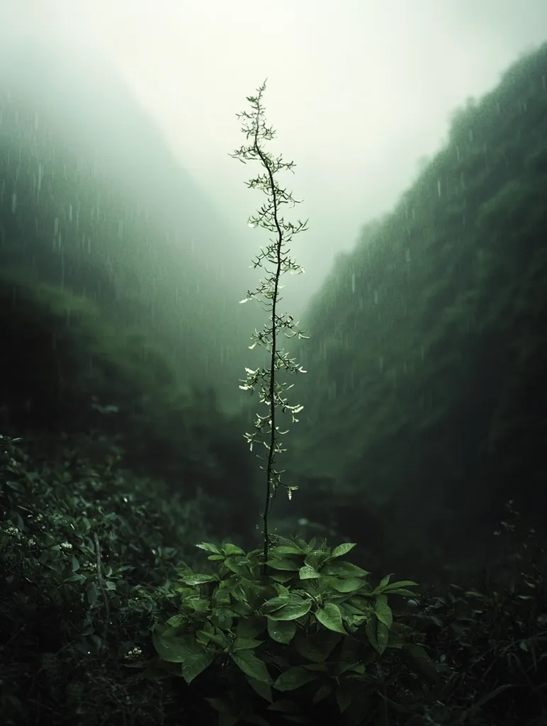 A single, slender plant stands tall in the center of the frame, surrounded by a lush, green undergrowth. The background is a misty and green landscape, with rain falling softly. The overall tone is serene and tranquil, with a sense of quiet solitude.  The plant's delicate branches and leaves are visible against the soft backdrop, suggesting resilience and growth amidst the wet and foggy environment.