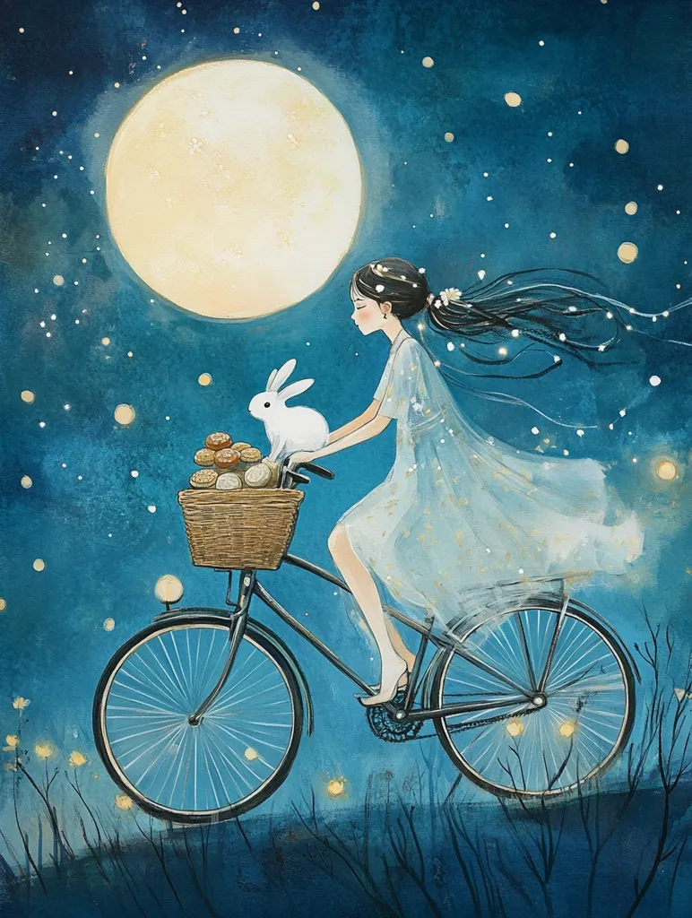 A young woman with long black hair rides a bicycle under a full moon. She wears a flowing blue dress and has a white rabbit sitting in the basket in front of her. The night sky is full of stars and the scene is illuminated by the soft glow of the moon. The painting has a whimsical and dreamy atmosphere.