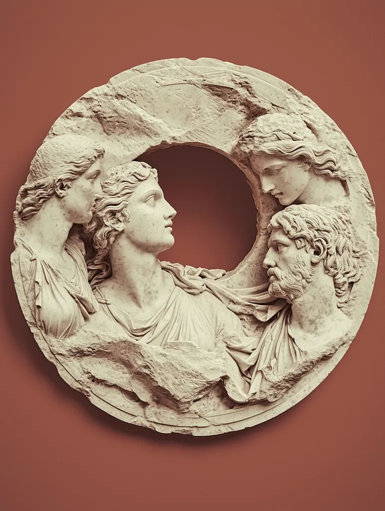 A circular white marble sculpture depicting four figures carved in relief. The sculpture features a woman in the center, with another woman to the left, a man to the right, and a woman above. The figures are all looking outwards, with their faces carved in detail. The sculpture is set against a terracotta background.