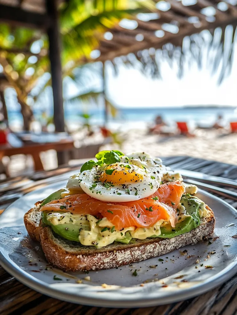 A delicious looking sandwich on a white plate sits on a wooden table. The sandwich consists of toast topped with avocado, smoked salmon, a fried egg, and a sprinkle of herbs. The background shows a blurry beach scene with palm trees and blue water.  The image evokes a sense of relaxation and enjoyment.