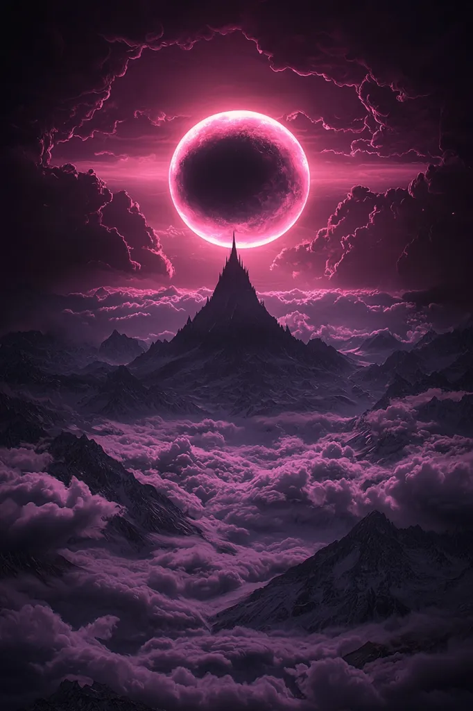 The image depicts a mountain range shrouded in thick, purple clouds, with a large, dark moon surrounded by a bright pink glow dominating the sky. The moon appears to be in the process of eclipsing the sun, casting an ethereal and mystical light over the scene. The mountain peaks are silhouetted against the celestial backdrop, creating a sense of awe and wonder. The overall atmosphere is one of dreamlike mystery and otherworldly beauty.