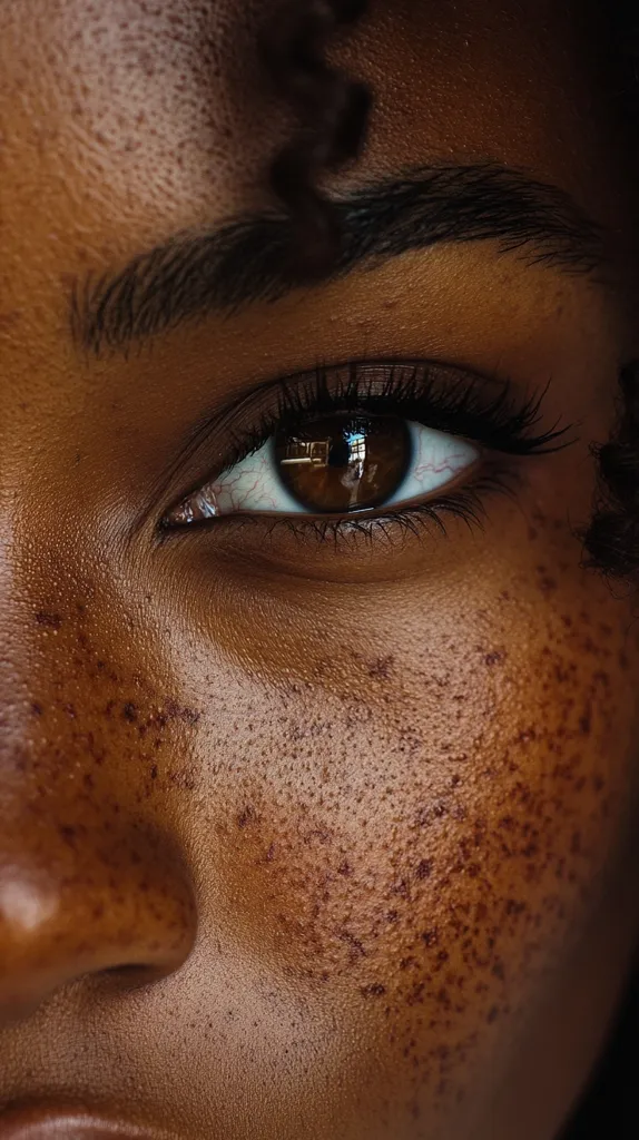 A close-up portrait of a person with brown skin and dark hair. Their right eye is open and looking directly at the camera. The eye is surrounded by long lashes and has a dark brown iris. The person has freckles across their face and a defined eyebrow.  The image is focused on the eye and the person's skin texture.