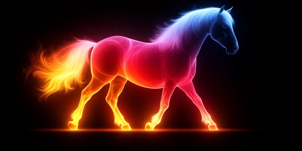 A horse, rendered in a glowing, ethereal style, is depicted against a black background. Its body shimmers in shades of red, orange, yellow, and blue, with a particularly bright mane and tail. The horse appears to be in motion, with its legs lifted and a dynamic pose. The image creates a sense of energy and magic.