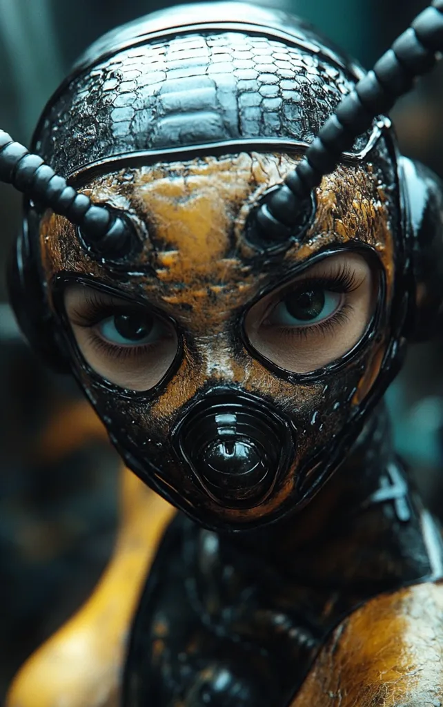 A person wearing a futuristic, insect-inspired helmet and suit. The helmet is black and has a textured, segmented design, resembling a beetle's exoskeleton. The suit is yellow and black, further enhancing the insect theme.  The person's eyes are visible through the helmet, adding a human touch to the otherwise intimidating appearance.  The image creates a sense of mystery and intrigue, inviting viewers to imagine the character's backstory and purpose.