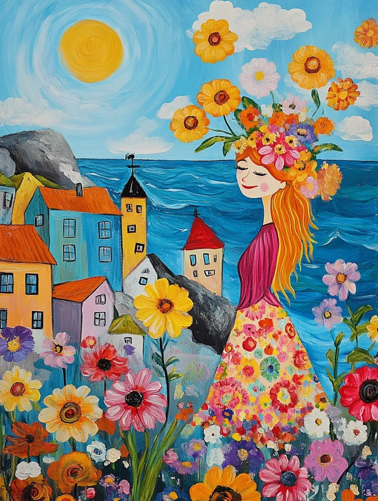 A whimsical painting depicting a woman with long, flowing hair adorned with a crown of vibrant flowers, standing amidst a field of colorful blooms. The backdrop showcases a quaint seaside village with charming buildings, a bright blue sky, and a warm sun. The overall feel is playful and cheerful, celebrating the beauty of nature and the joy of life.
