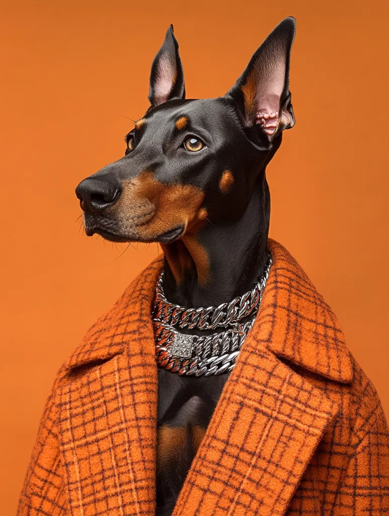 A black and tan Doberman Pinscher dog, wearing a thick silver chain necklace and a bright orange plaid coat, is sitting and looking towards the right side of the frame, against a plain orange background. The dog's eyes are wide open and its ears are perked up, giving the impression of alertness or attentiveness.  The dog's coat is smooth and glossy, and its facial expressions suggest confidence and pride. The image is striking, showcasing the elegant beauty of the dog and the unique contrast between the dog's black and tan fur and the orange plaid coat.