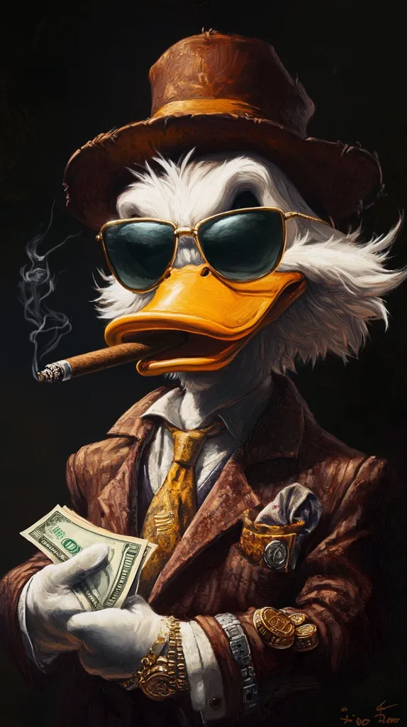 A duck wearing a brown fedora, sunglasses, and a brown suit with a gold tie is holding a wad of cash in his left hand. He is also holding a lit cigar in his right hand.  He looks sophisticated and wealthy. The painting is done in a realistic style with vibrant colors.  The duck's eyes are sharp and alert, and he has a smug look on his face. He appears to be a confident and successful individual.