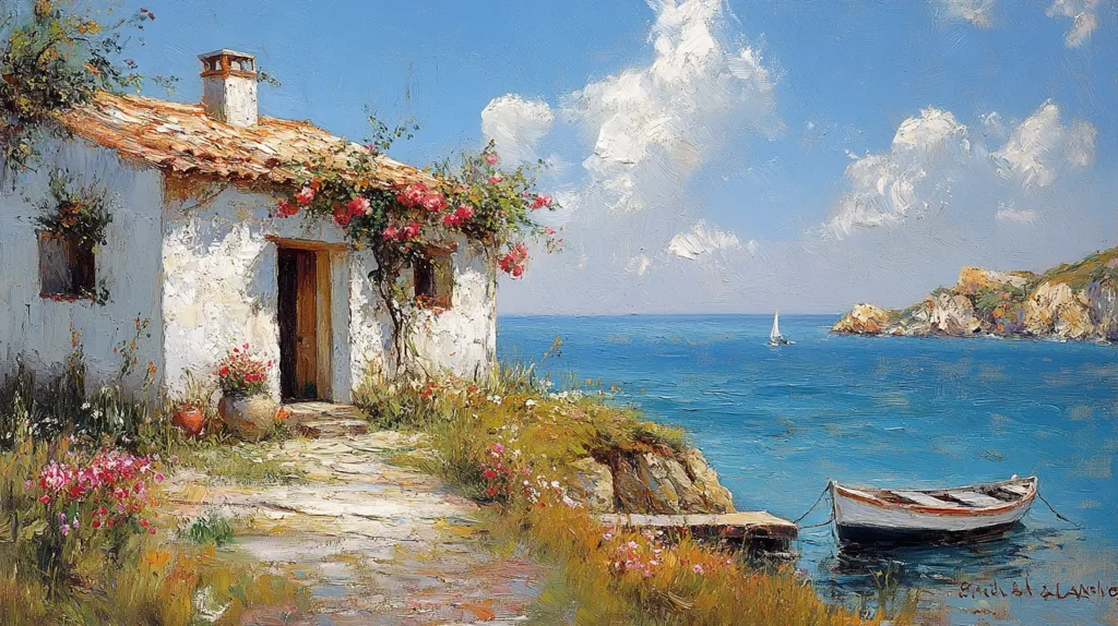 The painting depicts a quaint white cottage nestled on a cliffside overlooking the azure ocean. Lush greenery and vibrant pink flowers adorn the cottage's exterior, adding a touch of charm.  A small sailboat glides across the calm water in the distance, while a wooden boat rests peacefully at the shore. The sky is a canvas of fluffy white clouds against a bright blue backdrop. The overall scene evokes a sense of tranquility and beauty.
