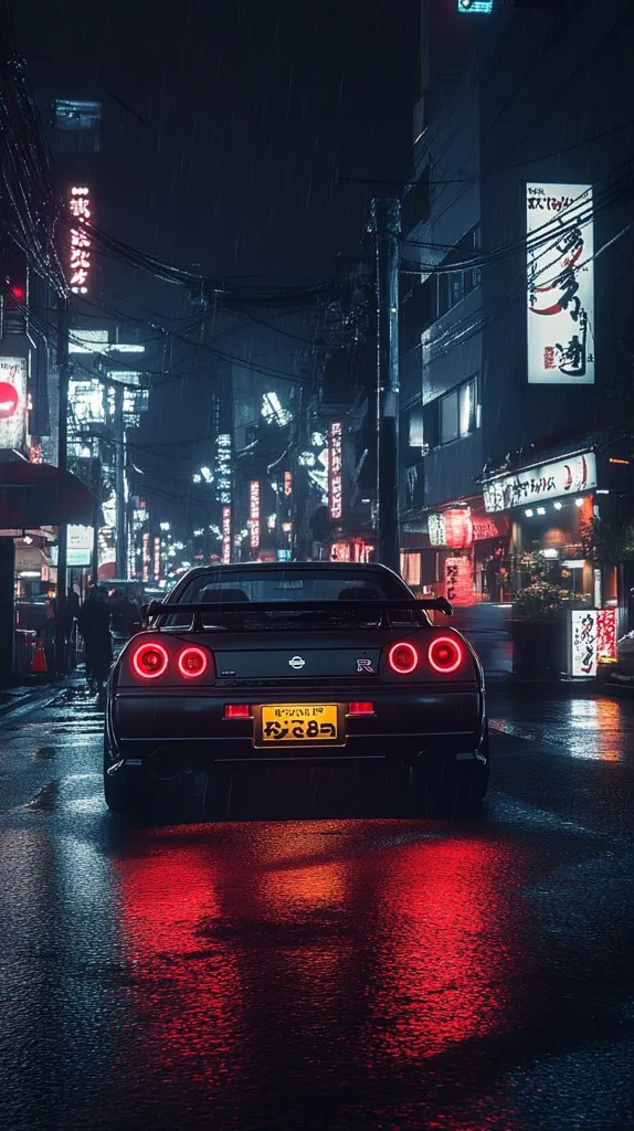 A black sports car with its taillights glowing drives through a wet, neon-lit city street. The car's reflection in the rain-slicked asphalt is visible, and the city's buildings are blurred in the background. There are Japanese characters on signs and on the back of the car. The image creates a sense of speed and urban atmosphere.