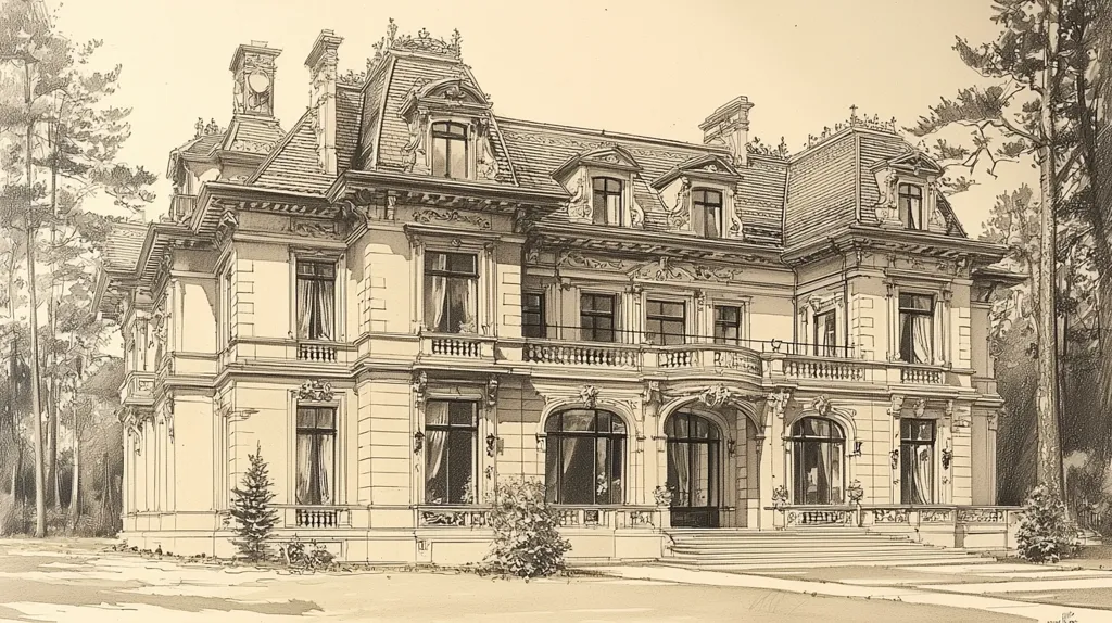 A detailed pen and ink drawing depicts a large, ornate house with a mansard roof. The home features multiple dormers, a balcony, and a grand entranceway. The drawing is done in shades of grey, lending a classic and elegant feel to the image. Surrounding the house are trees and shrubbery, adding to the sense of grandeur and seclusion. The drawing captures the architectural beauty of the house and its lush surroundings.
