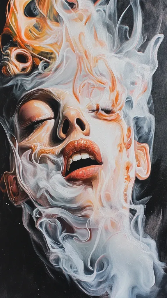 The painting depicts a woman's face enveloped in swirling white smoke. The smoke is rendered with thick, brushstrokes, giving it a dynamic and ethereal quality. The woman's expression is intense, with her eyes closed and mouth slightly open, as if she is in a state of trance or ecstasy. The background is a dark, starry sky, which contrasts with the bright, swirling smoke. The overall effect is one of mystery, sensuality, and the ephemeral nature of life.