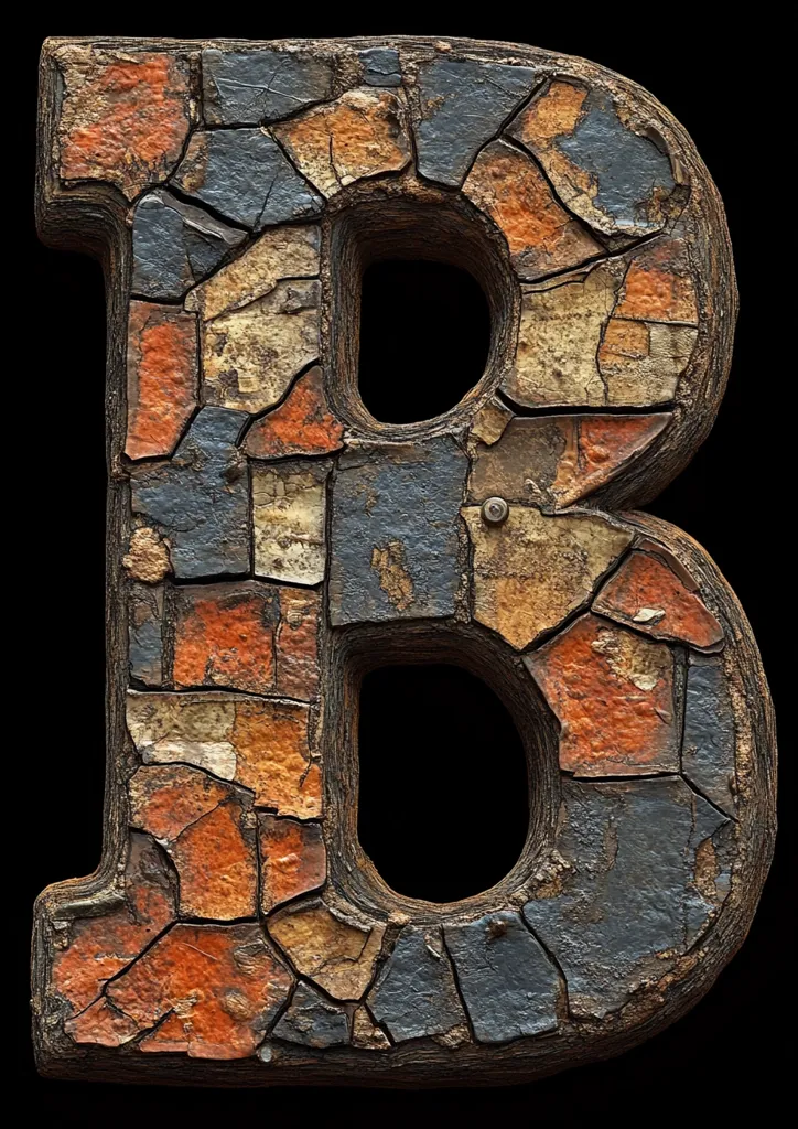 The image shows the letter 'B' created from various pieces of broken, colored tile. The tile is in shades of orange, red, blue, grey, and white. The background is black. The tile has a rough, chipped texture, giving it a rustic look. The image captures a unique and artistic way to represent a letter.