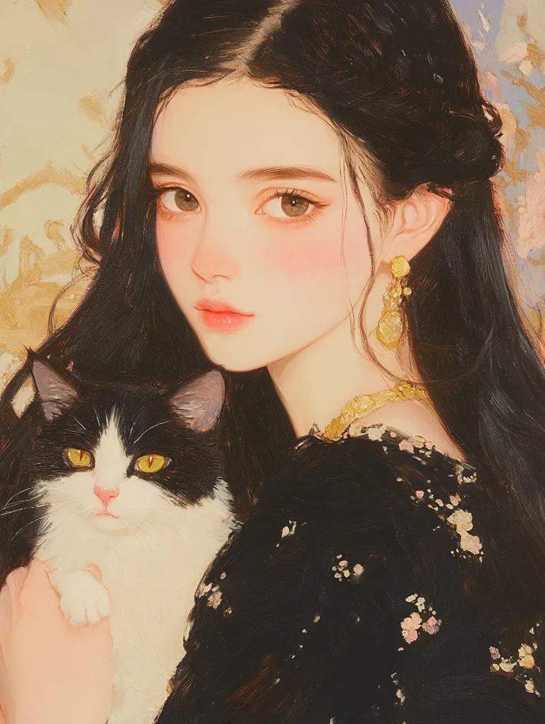 The painting features a young woman with long black hair, wearing a black dress adorned with delicate pink flowers. She has a gentle expression and large brown eyes, highlighted by pink blush on her cheeks. She holds a black and white cat close to her, its yellow eyes gazing directly at the viewer. The woman is adorned with gold jewelry, including earrings and a necklace, adding to her elegant and sophisticated appearance. The painting's warm color palette and soft focus create a dreamy and intimate atmosphere.