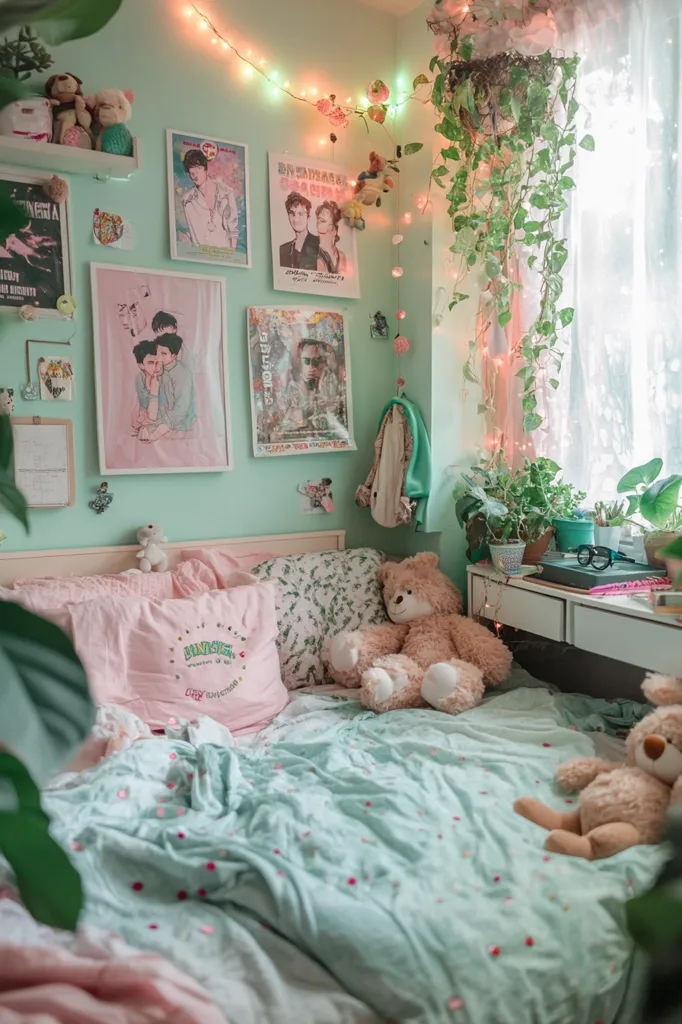 A bedroom with a light green and pink color scheme. The bed is made with a light green and pink patterned duvet and has a pink pillow with an embroidered design. There are two teddy bears sitting on the bed, one is brown and the other is beige. There are several posters and pictures on the wall, and the room is decorated with fairy lights. A large plant hangs from the ceiling and a small desk is in the corner of the room. The room has a warm and inviting atmosphere.