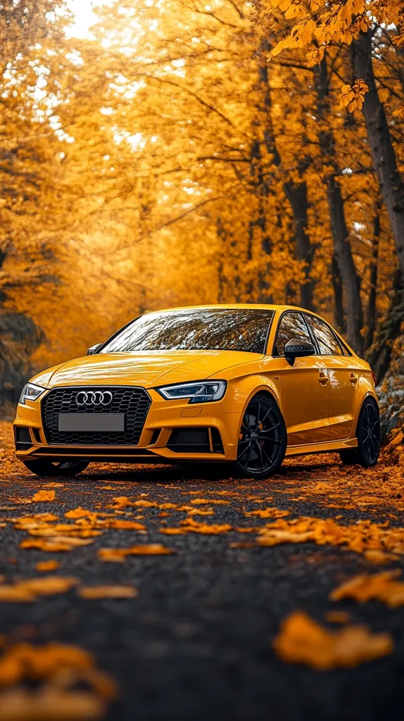 A bright yellow Audi A3 sits parked on a paved road lined with autumnal trees. The car's sleek design is accentuated by the golden foliage surrounding it. The sun shines through the branches, casting a warm glow on the scene. Fallen leaves blanket the ground, creating a picturesque backdrop for the automobile. The image captures the beauty of nature and the elegance of a high-performance vehicle.