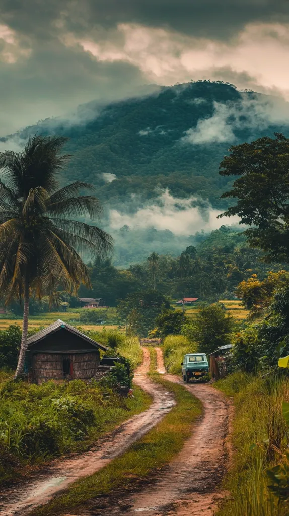 A winding dirt road cuts through a lush green landscape. A single car drives down the road, heading towards a misty mountain range in the distance. A small hut sits on the left side of the road, nestled amidst the lush greenery. The sky is a mix of grey clouds and patches of blue, creating a dramatic atmosphere. The scene captures the beauty of nature and the serenity of rural life.