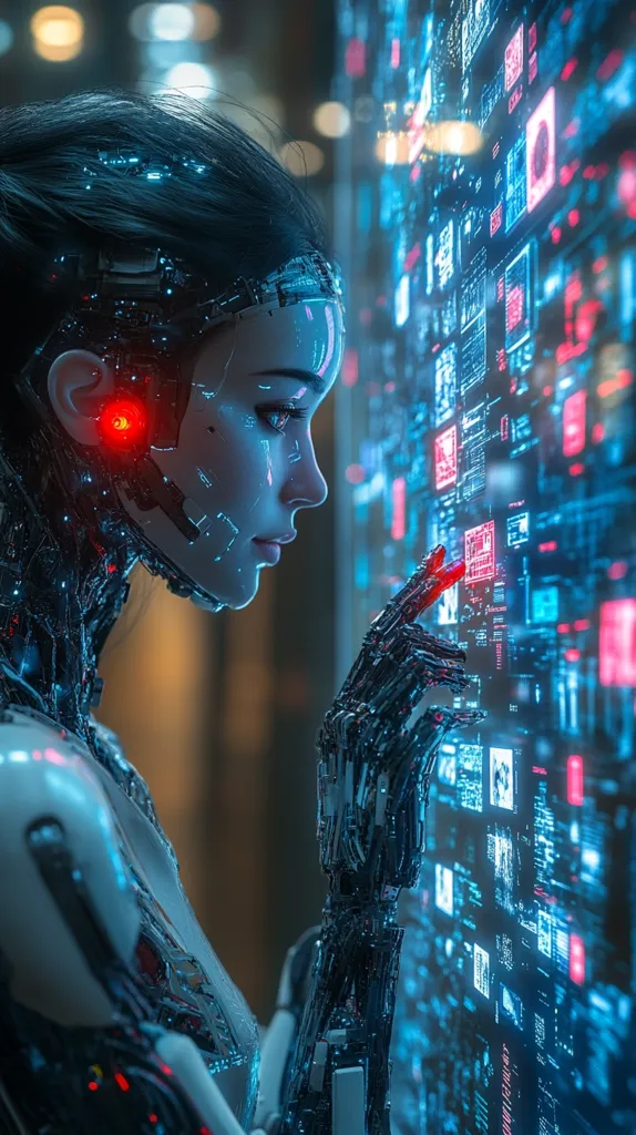 A cyborg woman with a futuristic metallic arm reaches out towards a large glowing screen filled with colorful data and codes. Her face is partially covered with metallic plates, and a red light shines from her temple. She stares intently at the screen, her expression contemplative. The image evokes a sense of advanced technology and the merging of human and machine.