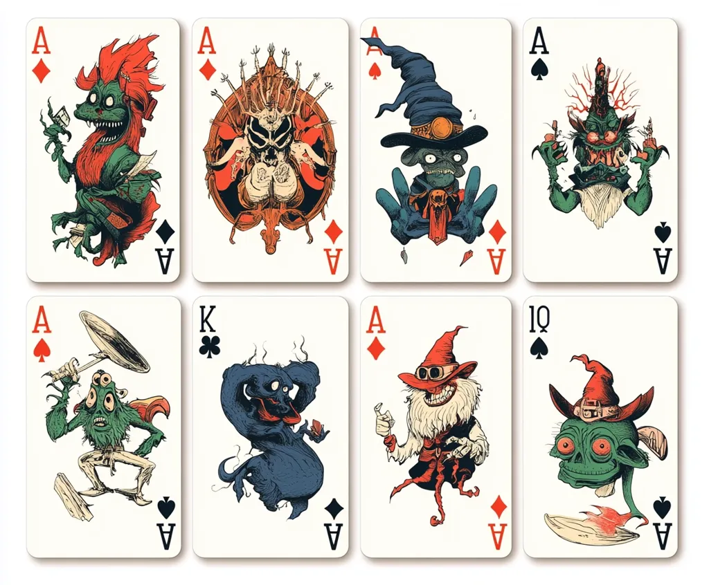 A collection of eight playing cards featuring whimsical, grotesque, and fantastical illustrations of creatures. Each card features a different creature with unique details and expressions, including a creature with a top hat, a monster with a large hat and goggles, and a creature with three eyes.  The cards are arranged in a grid of four rows and two columns. The cards are all Aces or Kings.