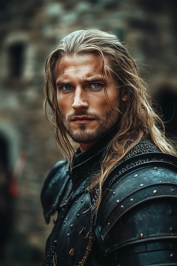 A man with long blonde hair and piercing blue eyes, dressed in dark armor, stares intently at the camera. He has a strong jawline and a rugged, masculine face. He appears to be a warrior or a knight, perhaps a character from a fantasy novel. His expression is stoic and determined, suggesting a sense of strength and courage. The background is blurred, drawing attention to the man's face and the details of his armor.  The image evokes a sense of power and history.