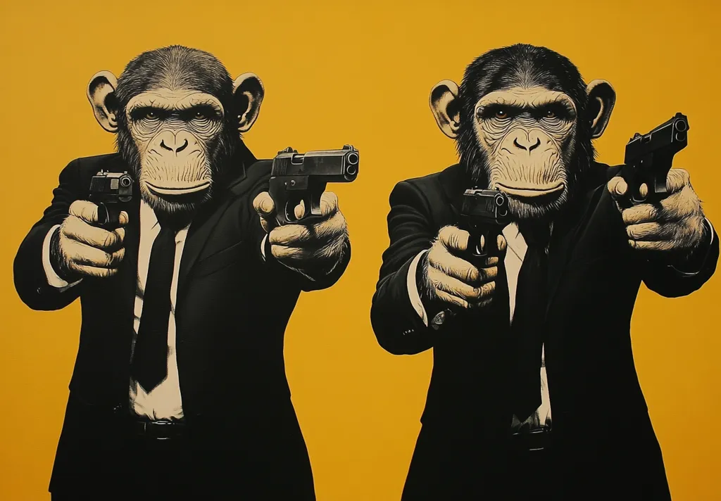 Two chimpanzees in black suits and ties are pointing guns at the viewer. The chimpanzees have serious expressions on their faces. They are set against a bright yellow background.  The image is a humorous take on the classic "Reservoir Dogs" poster.