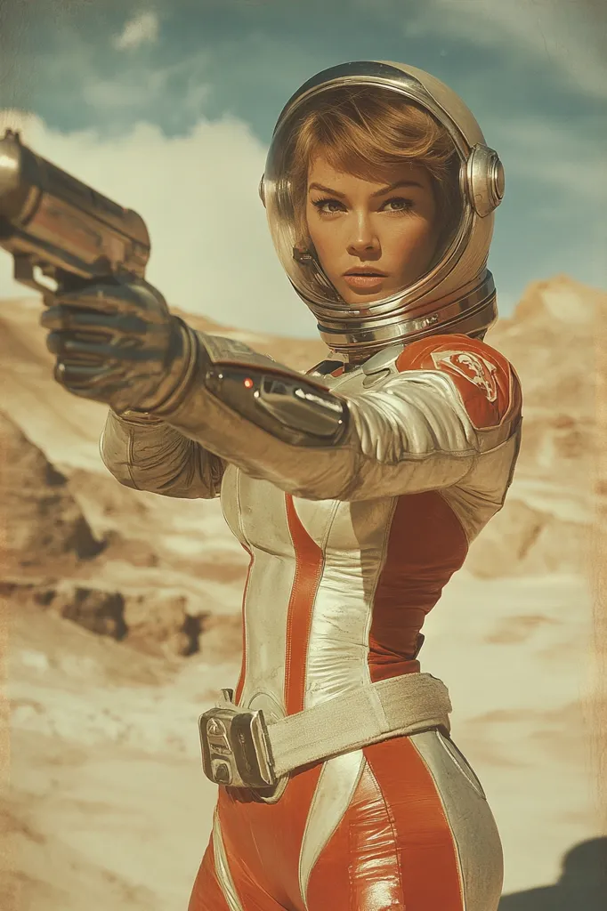 A woman in a silver and red spacesuit, wearing a helmet, holds a futuristic pistol and looks intensely at the viewer. The backdrop is a desert landscape with a vintage, faded aesthetic. The image evokes a sense of adventure and intrigue.