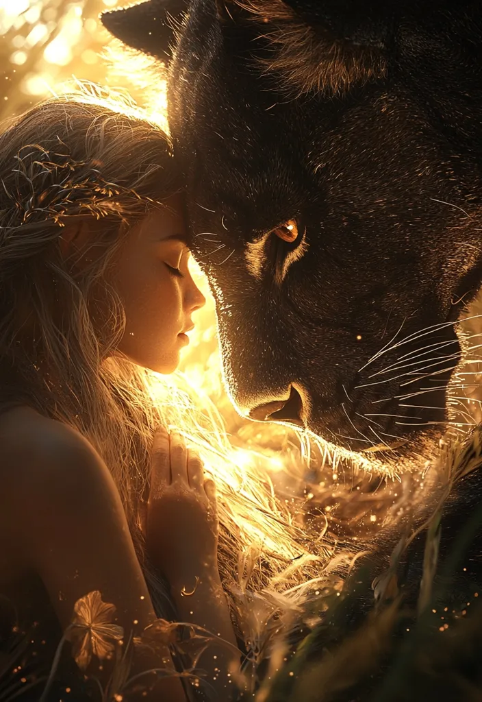 A young woman with flowing blonde hair is embracing a black panther, their foreheads touching in a moment of peaceful intimacy. The scene is bathed in warm, golden light that illuminates the woman's face and the panther's piercing amber eyes. The background is blurred, creating a sense of depth and ethereal beauty. The image suggests a bond between the woman and the panther, a connection that transcends species and language.
