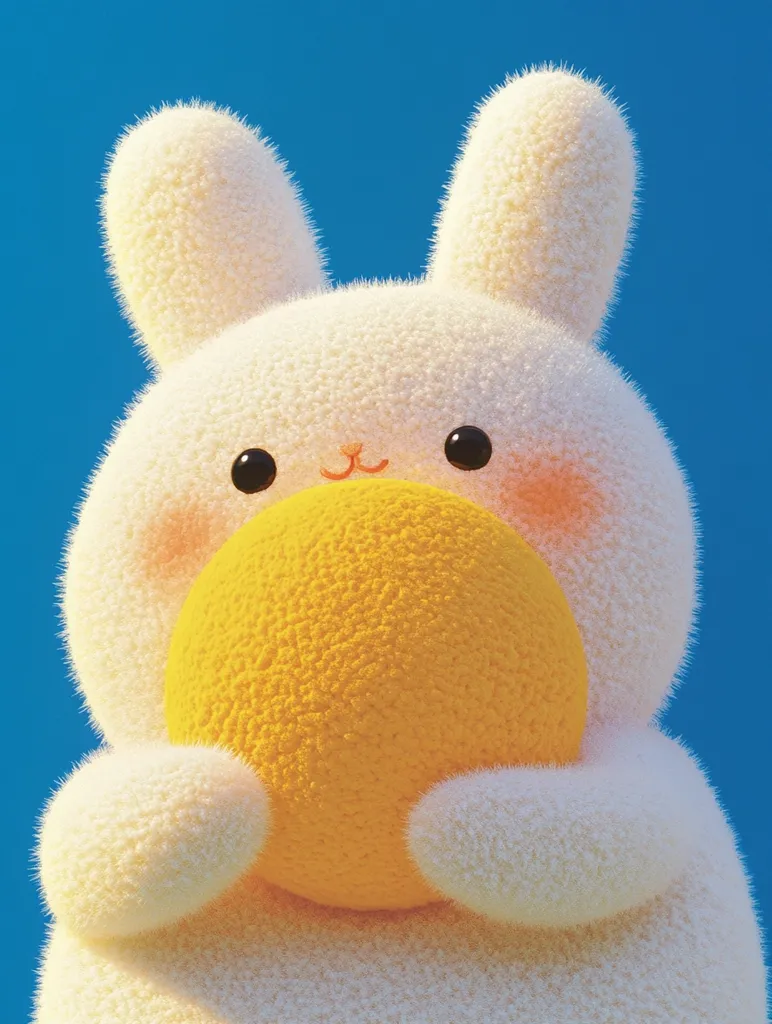 A fluffy white bunny, with large, round ears and a cheerful expression, is holding a bright yellow, textured sphere in its paws. The bunny has rosy cheeks and large, dark eyes. The background is a vibrant blue.  The image has a cartoonish and playful style.
