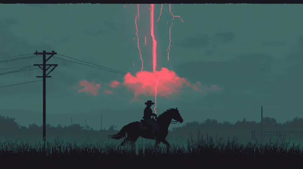 A lone rider on horseback travels across a vast field under a stormy sky. A beam of pink light shoots through a pink cloud and towards the ground, illuminating the dark landscape. Silhouettes of telephone poles and distant buildings are visible, adding to the mysterious and desolate mood.