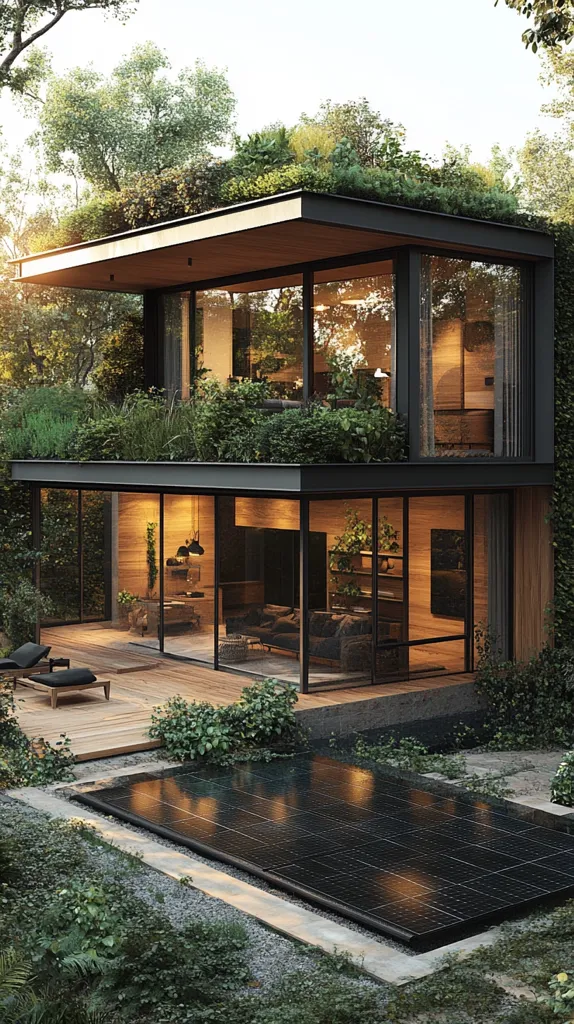 A modern, minimalist house with large windows and a green roof sits nestled amongst lush greenery.  The house features a large, open living space and a patio with a wooden deck.  A black-tiled pool sits in front of the house, reflecting the warm glow of the evening sun.  The overall design is sleek and sophisticated, with a focus on bringing the outdoors in.