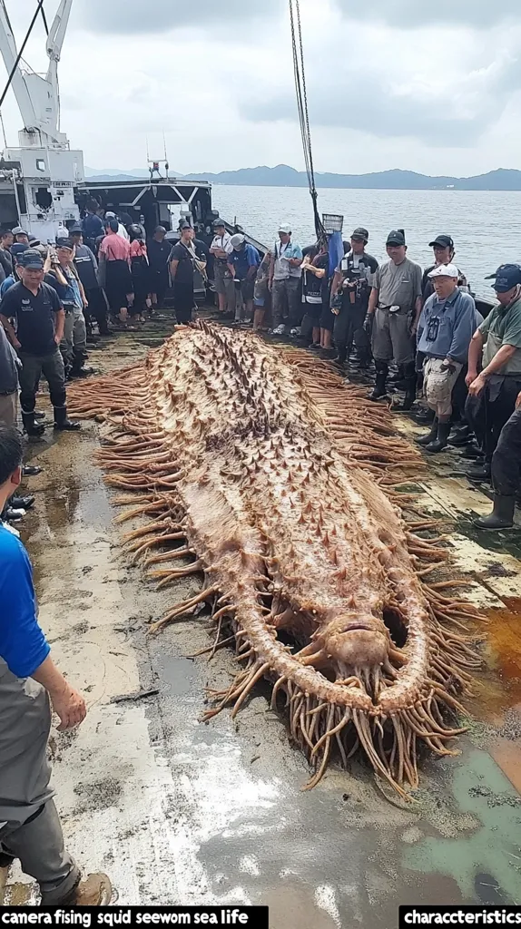 A large, strange creature resembling a squid or sea worm lies on the deck of a boat. Its body is covered in spines and tentacles. A group of people stand around it, examining it with curiosity. The creature's appearance is both fascinating and somewhat disturbing.  The scene is likely on a fishing boat, highlighting the unique discoveries made by those who work with the sea.